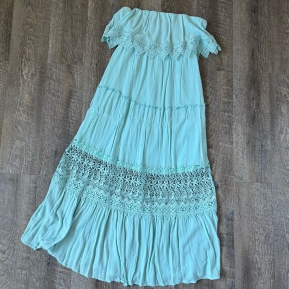 Pink Lily || Strapless Beachy Aqua Maxi Dress with Lace Detail